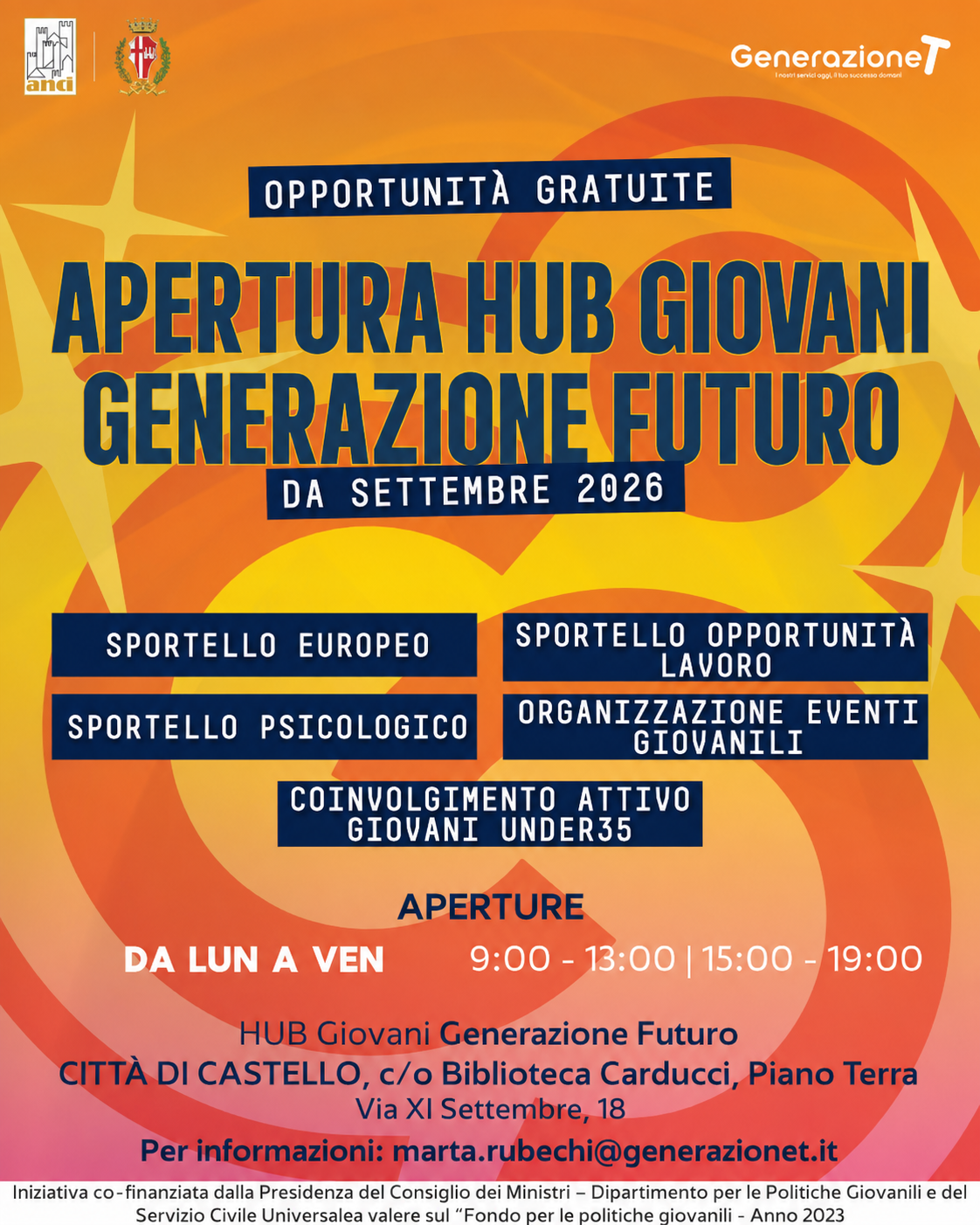 Locandina apertura Hub Giovani Generazione Futuro a Città di Castello