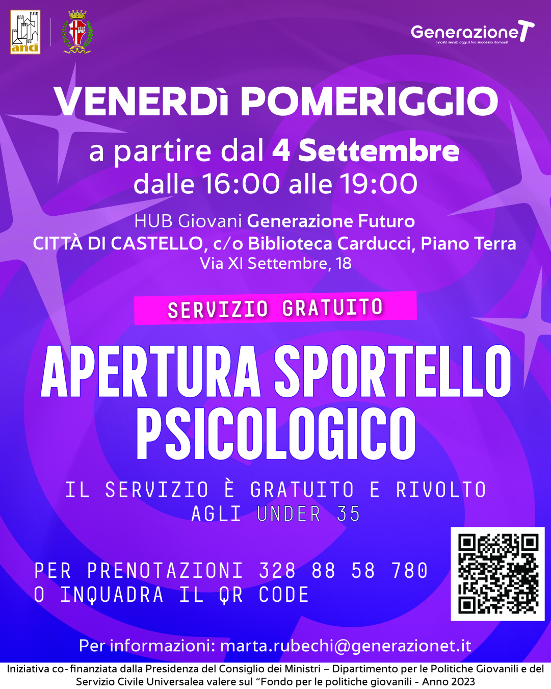 Locandina apertura Sportello Psicologico all'Hub Generazione Futuro